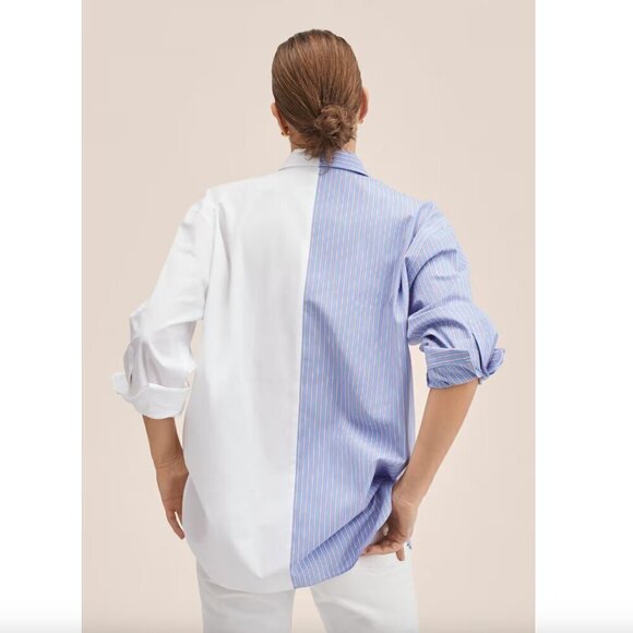 Mango MNG Pinstripe Color Block Oversized Shirt Button Down Blue White Women's S - Picture 3 of 10